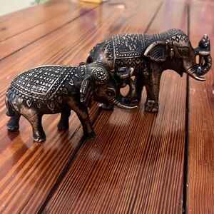 2 Bronze elephants, trunk up, holding a lotus flower vintage